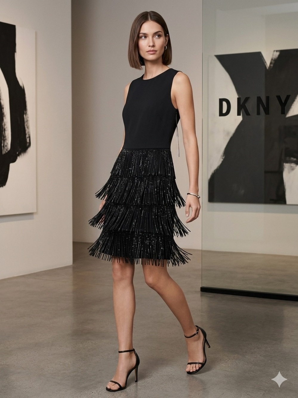 DKNY Black Tiered Fringe Evening Dress